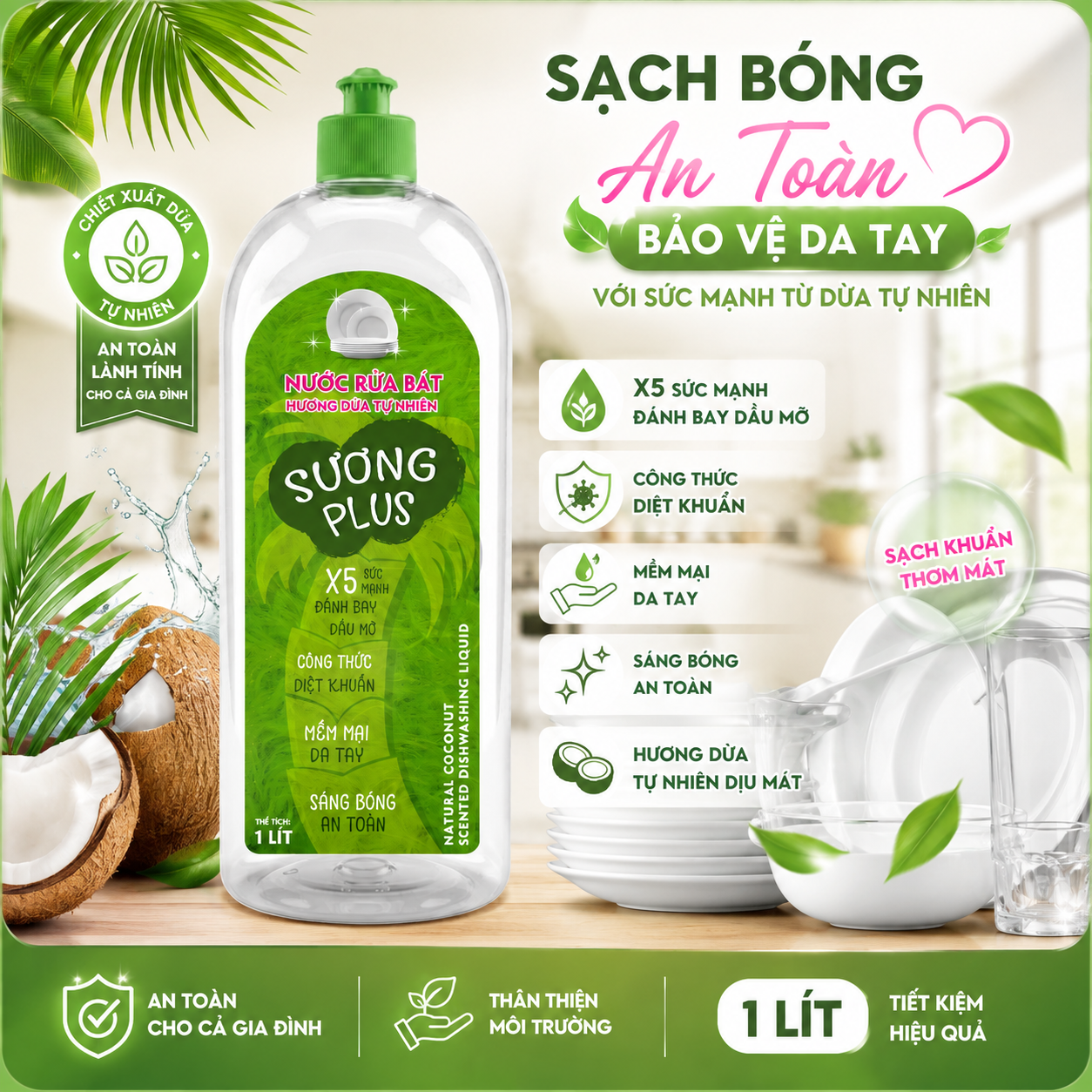 Nước rửa bát/chén Lâm Sương 1 lít hương dừa cao cấp