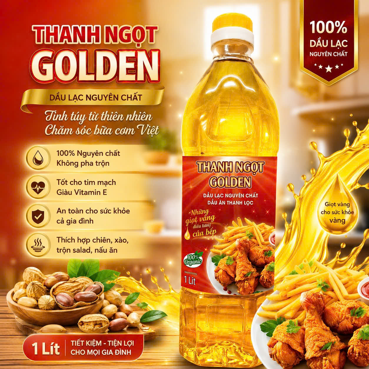 Dầu lạc đỏ ép nguyên chất cao cấp Thanh Ngọt Golden 1 lít